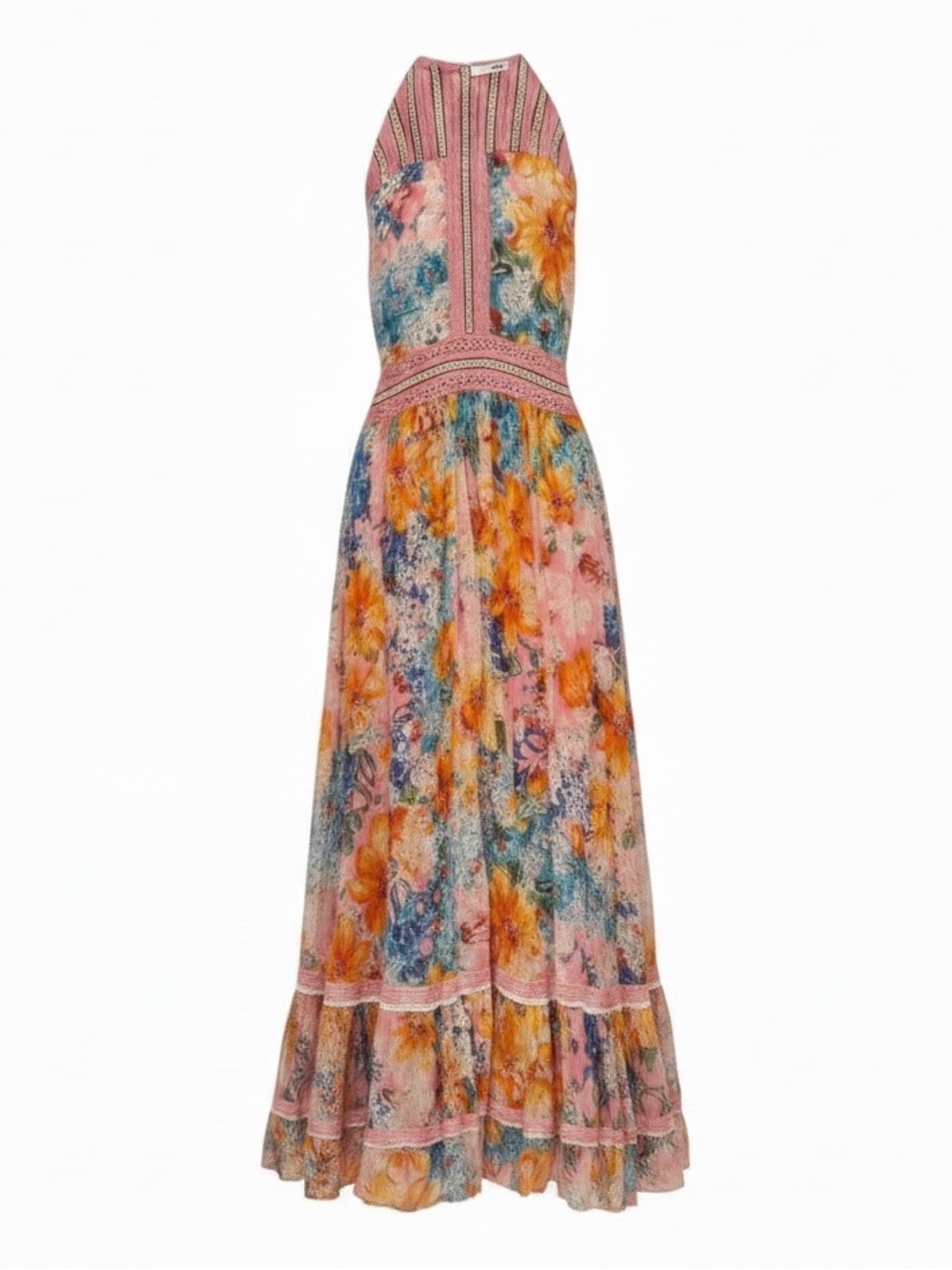 Anthropologie Bhanuni by Jyoti Yuko Halter Maxi Dress Boho Floral Beaded Size 8